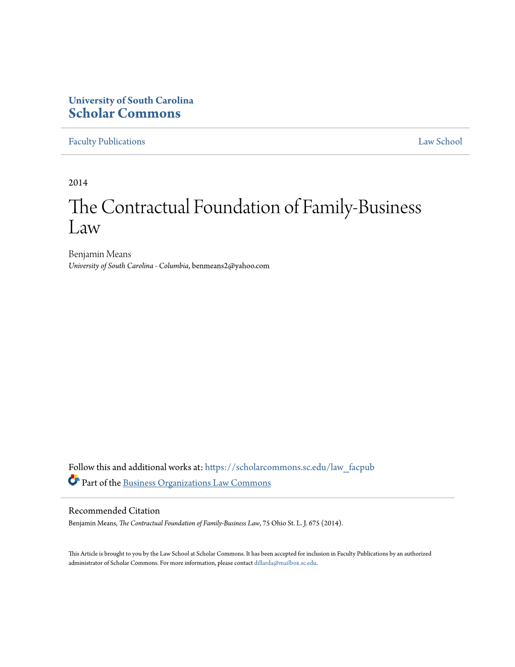 The Contractual Foundation of Family-Business Law, 75 Ohio St