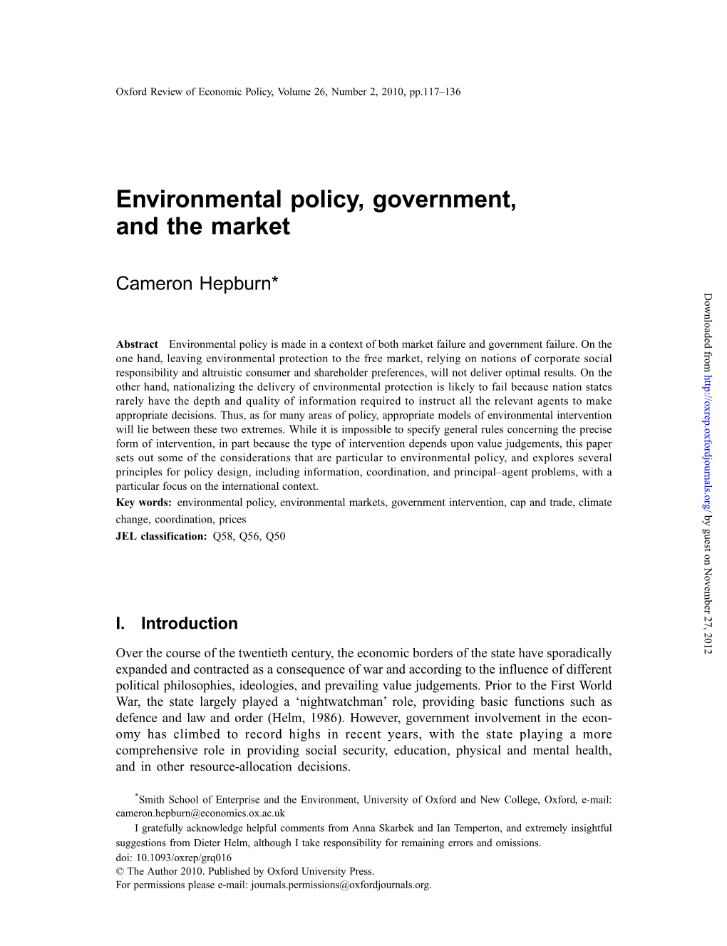 Environmental Policy, Government, and the Market