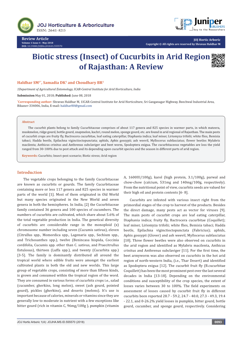 Biotic Stress (Insect) of Cucurbits in Arid Region of Rajasthan: a Review