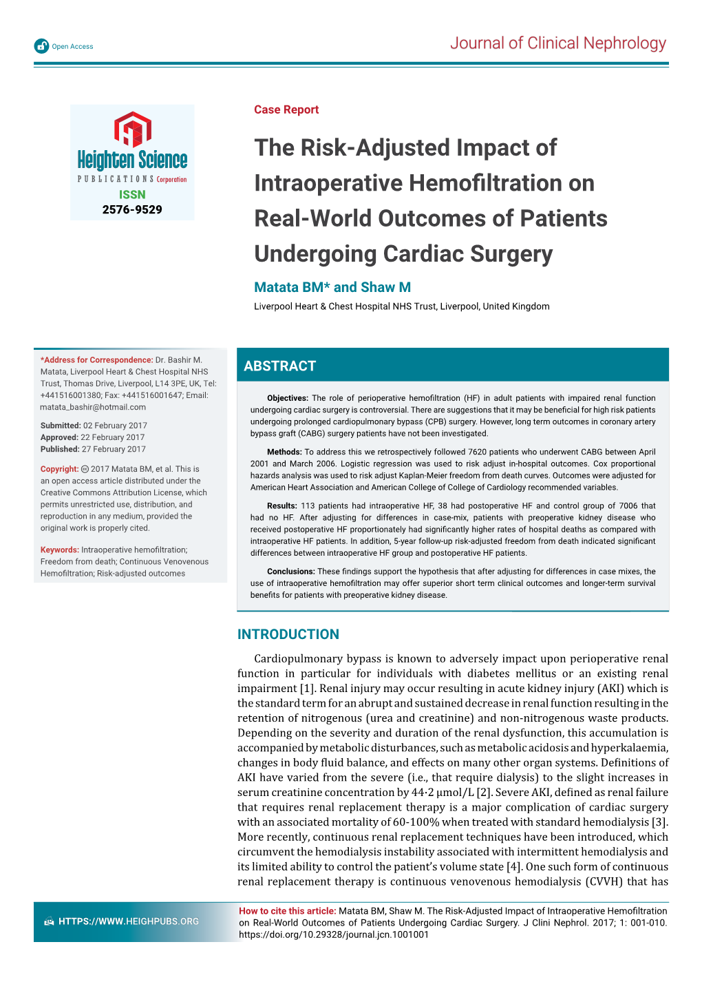 The Risk-Adjusted Impact of Intraoperative Hemofiltration On
