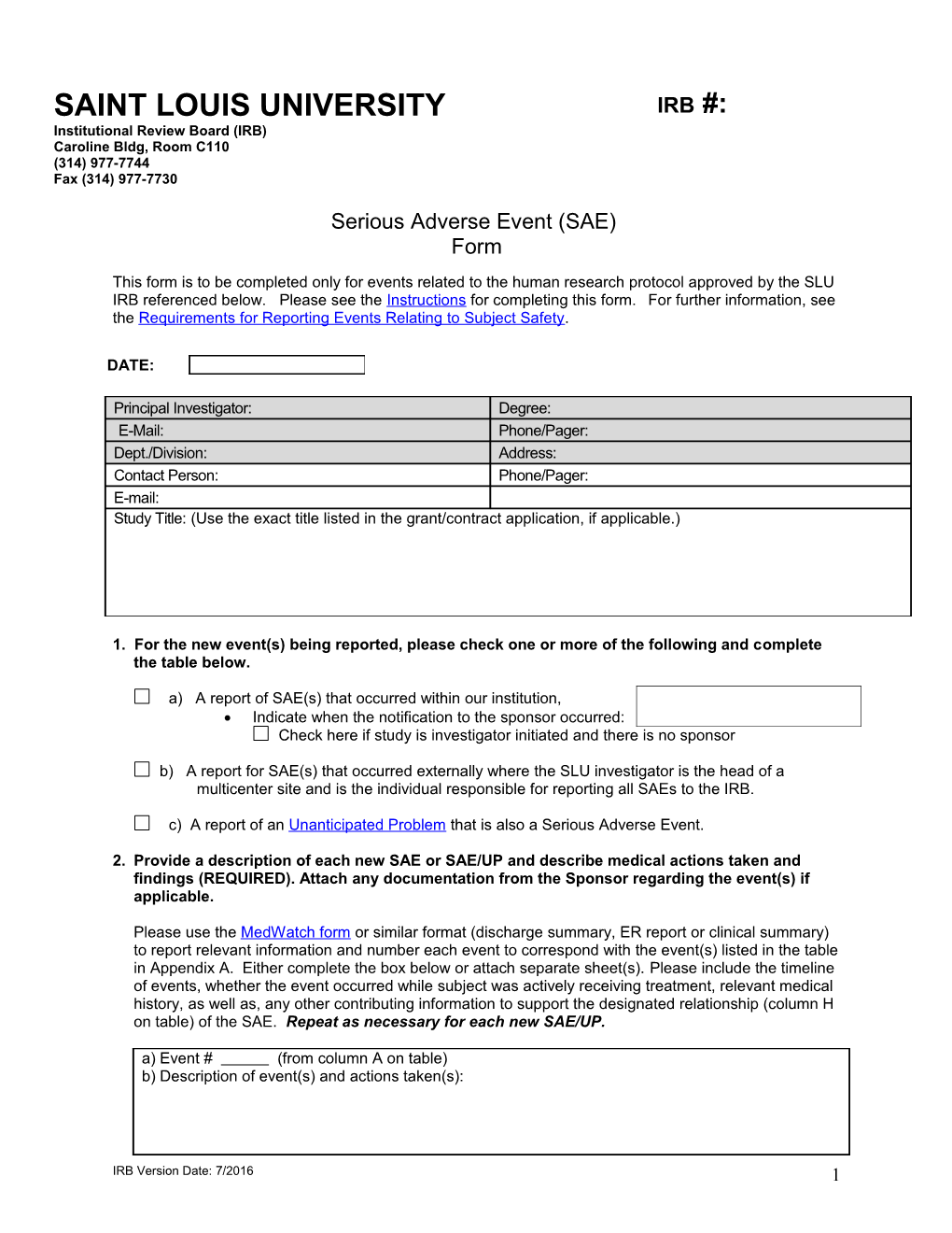 Significant Adverse Event (Sae) Report