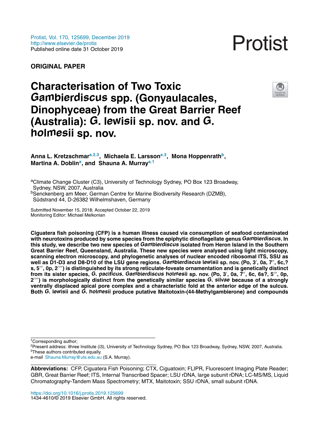 Characterisation of Two Toxic Gambierdiscus Spp. (Gonyaulacales, Dinophyceae) from the Great Barrier Reef (Australia): G. Lewisi