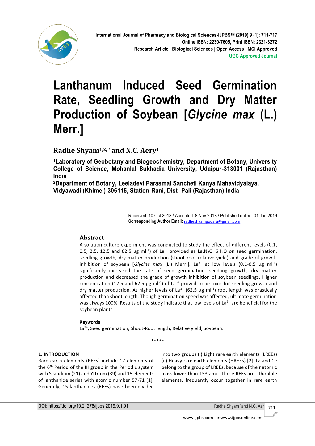 Lanthanum Induced Seed Germination Rate, Seedling Growth and Dry Matter Production of Soybean [Glycine Max (L.) Merr.]