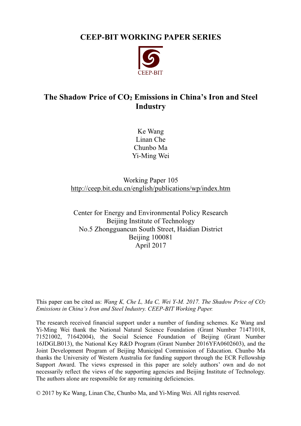 CEEP-BIT WORKING PAPER SERIES the Shadow Price of CO2