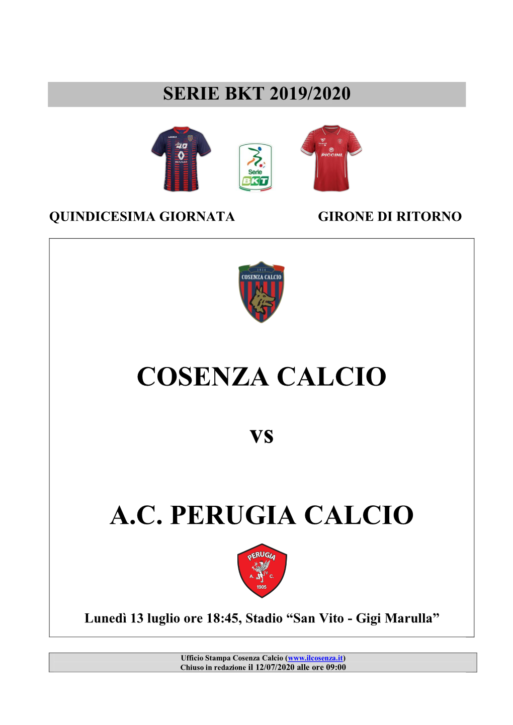 COSENZA CALCIO Vs A.C. PERUGIA CALCIO