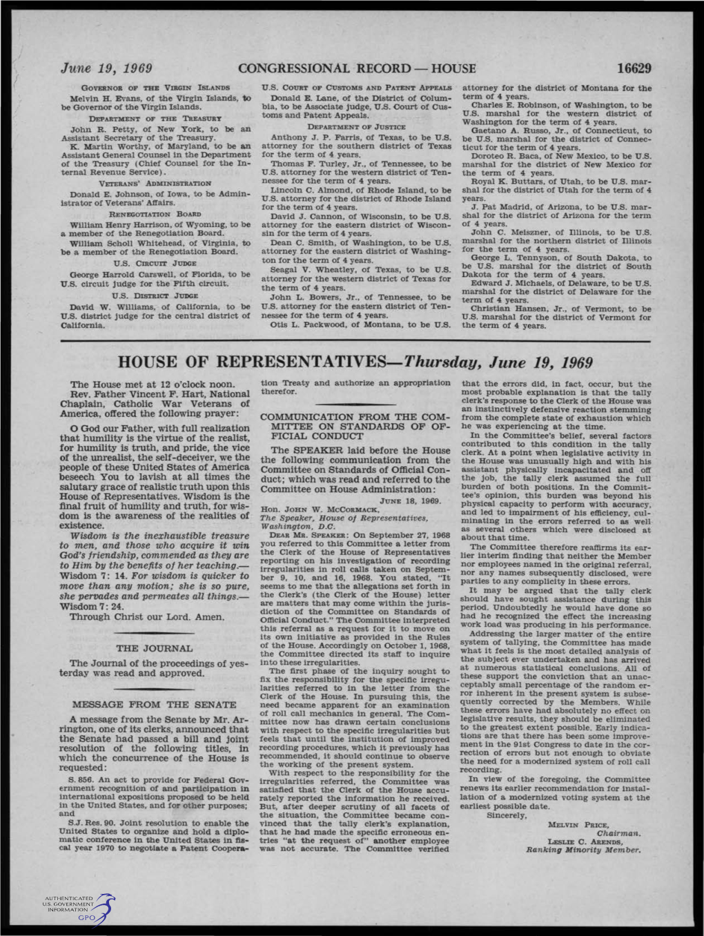 HOUSE of REPRESENTATIVES-Thursday, June 19, 1969 the House Met at 12 O'clock Noon