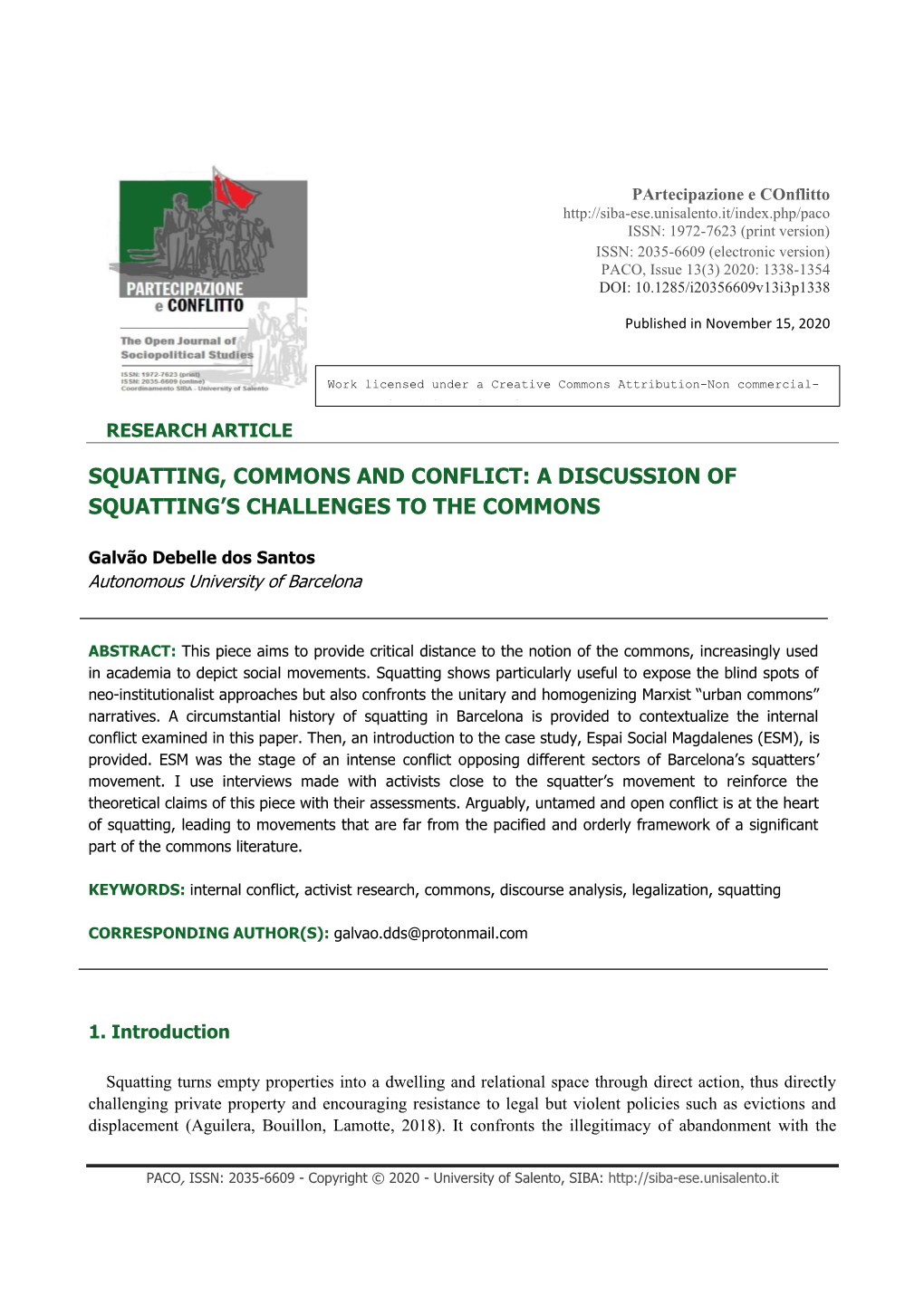 Squatting, Commons and Conflict: a Discussion of Squatting’S Challenges to the Commons