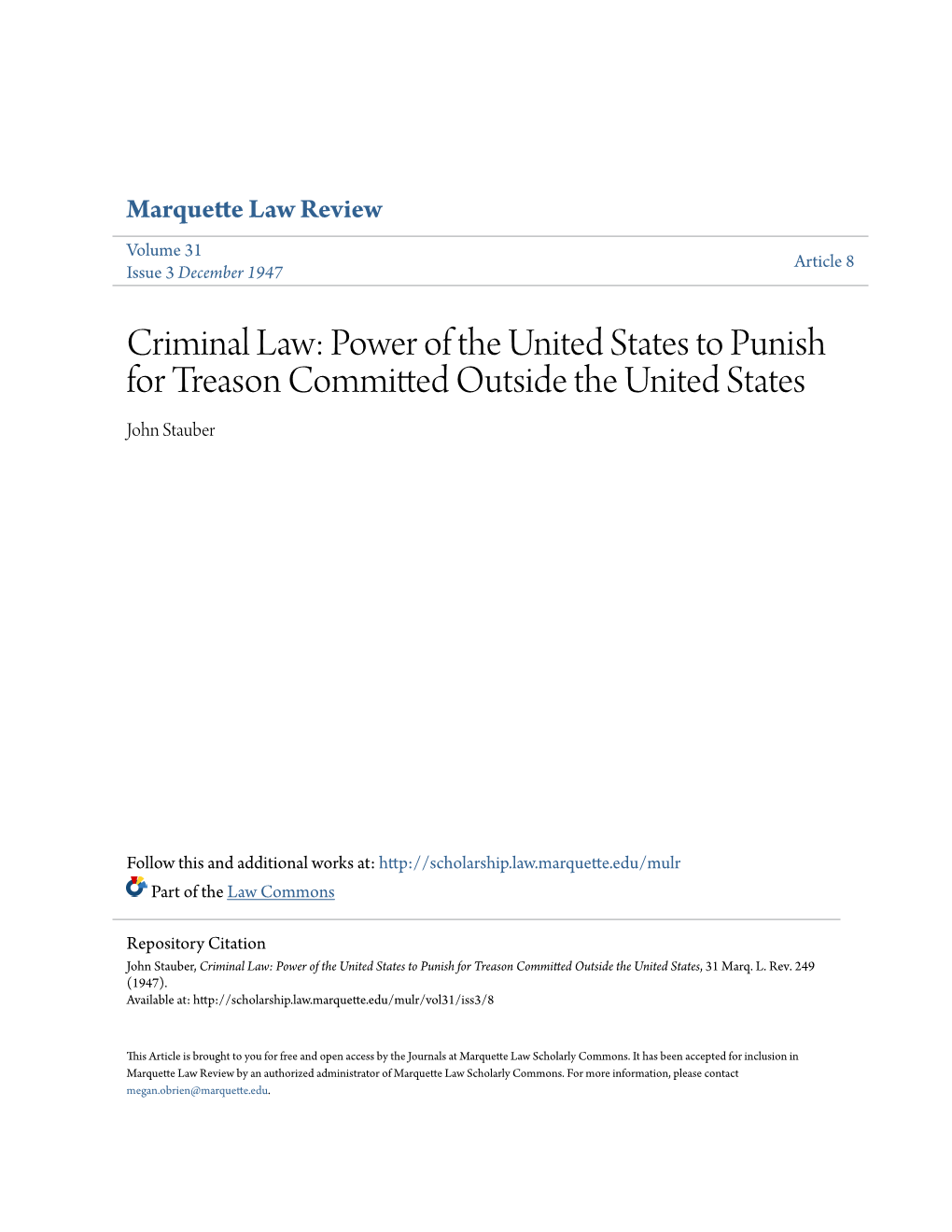 Criminal Law: Power of the United States to Punish for Treason Committed Outside the United States John Stauber