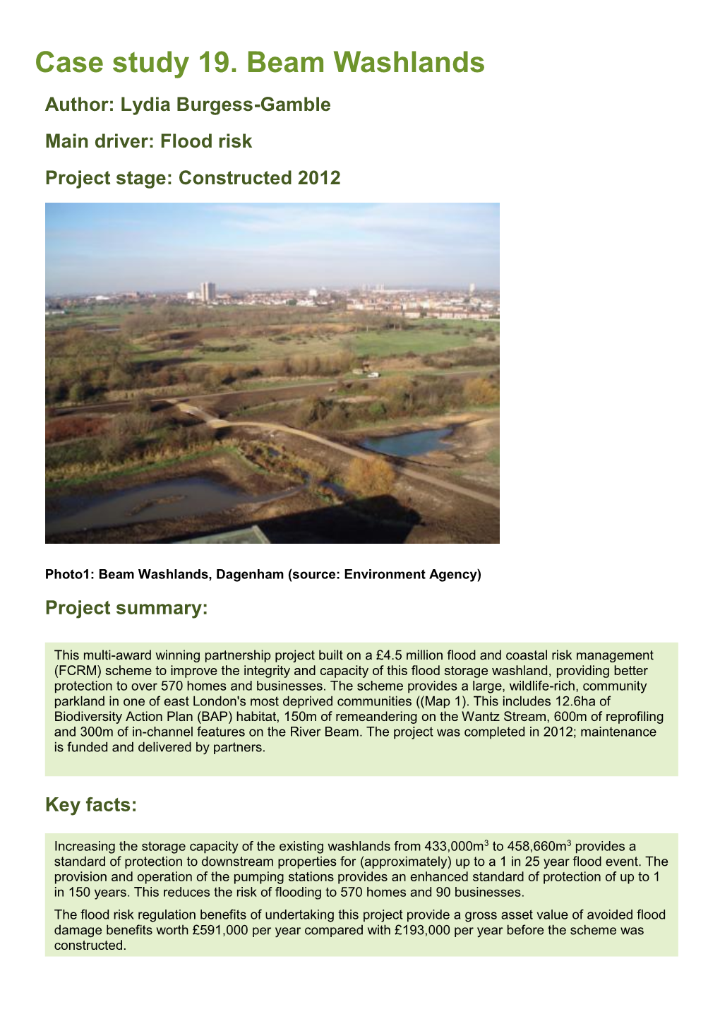 Case Study 19. Beam Washlands Author: Lydia Burgess-Gamble Main Driver: Flood Risk Project Stage: Constructed 2012