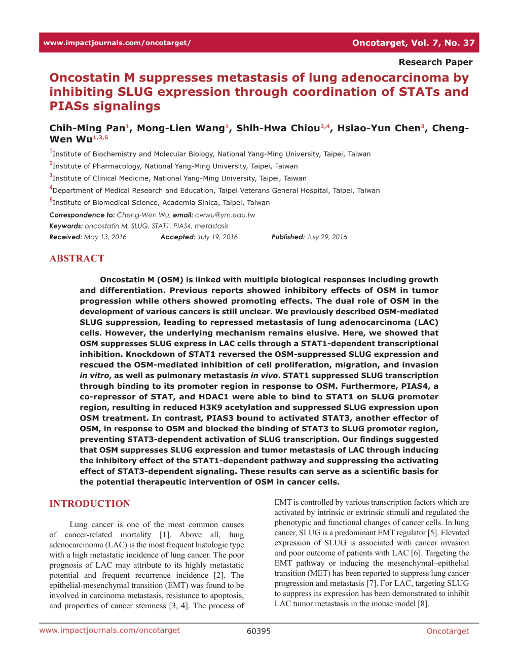 Oncostatin M Suppresses Metastasis of Lung Adenocarcinoma by Inhibiting SLUG Expression Through Coordination of Stats and Piass Signalings