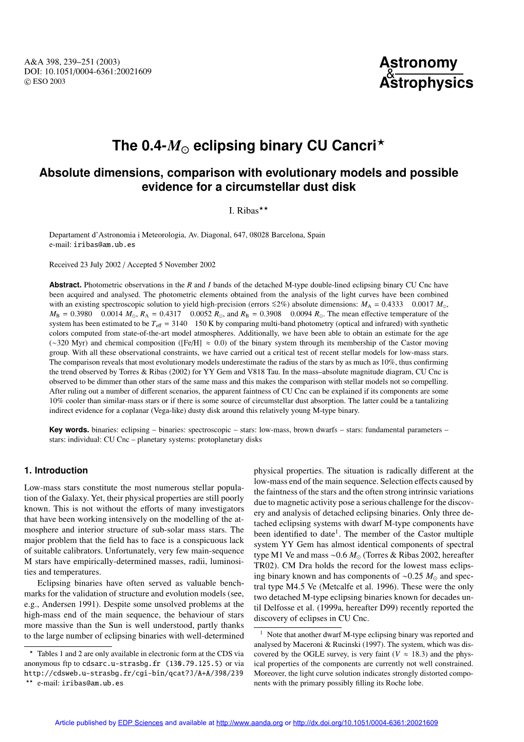 The 0.4-$M {\Odot}$ Eclipsing Binary CU Cancri