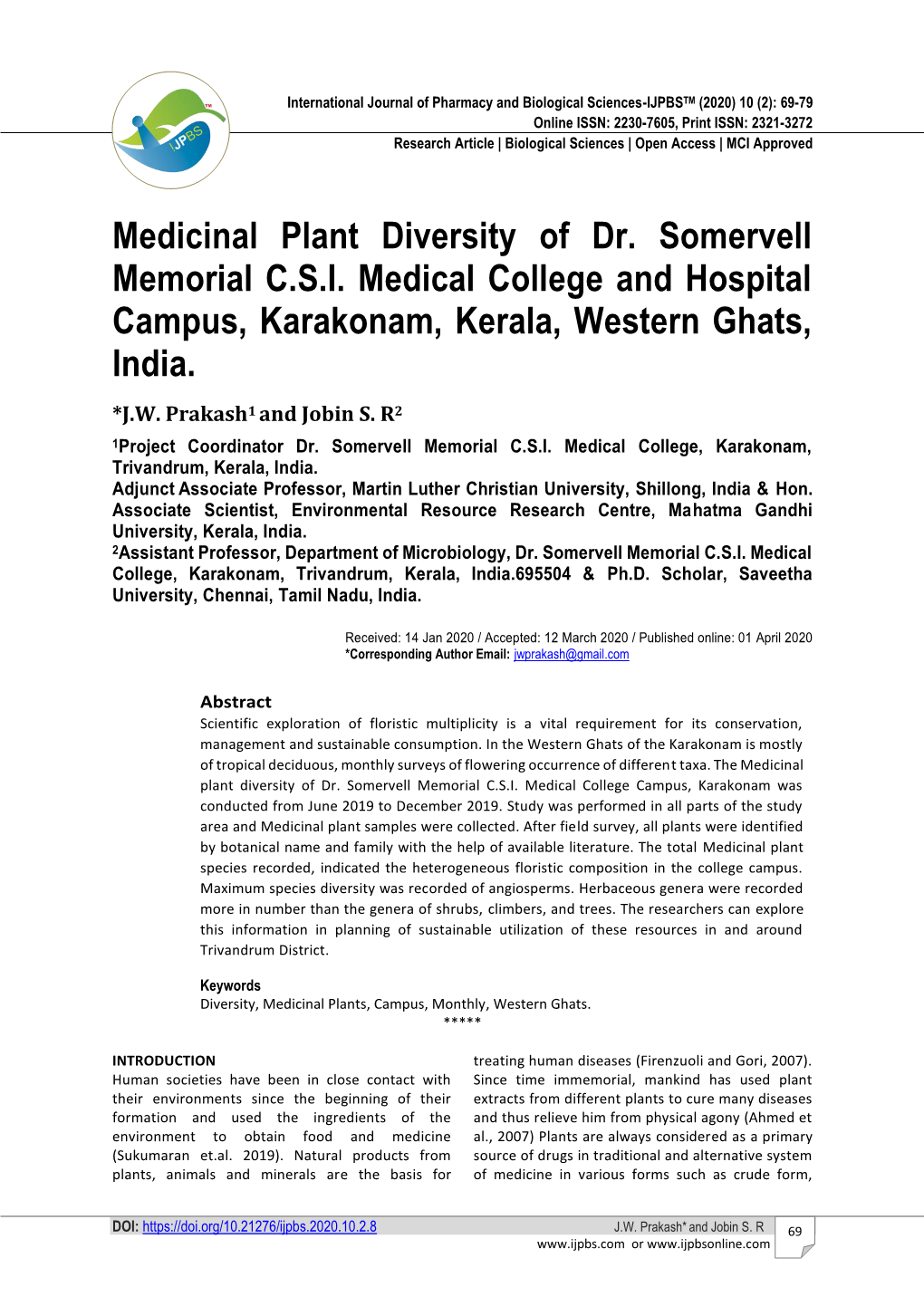 Medicinal Plant Diversity of Dr. Somervell Memorial C.S.I. Medical College and Hospital Campus, Karakonam, Kerala, Western Ghats, India