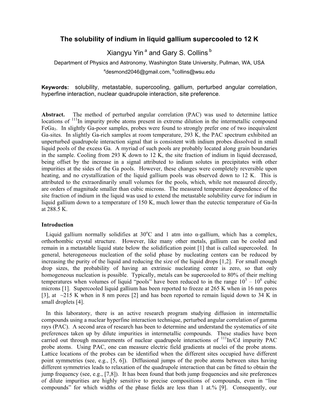 The Solubility of Indium in Liquid Gallium Supercooled to 12 K