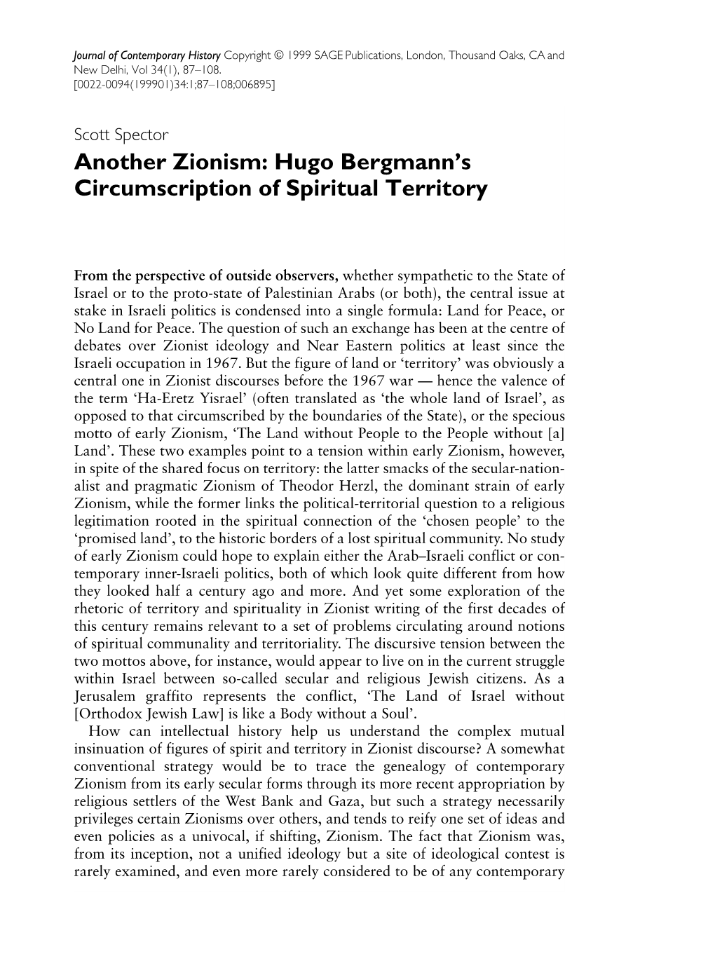 Another Zionism: Hugo Bergmann's Circumscription of Spiritual Territory