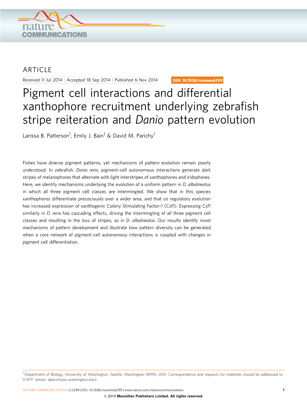 Pigment Cell Interactions and Differential Xanthophore Recruitment Underlying Zebraﬁsh Stripe Reiteration and Danio Pattern Evolution