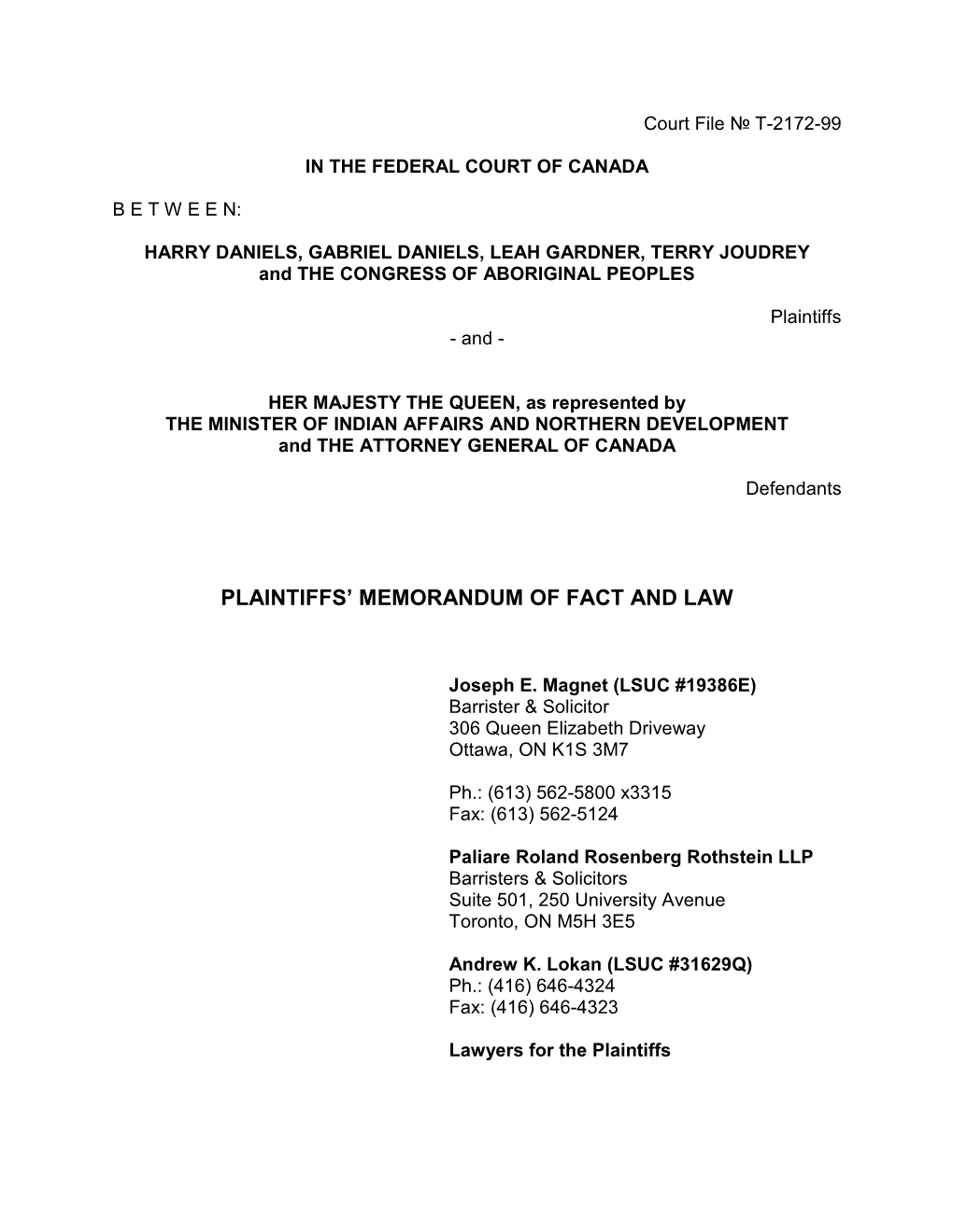 Plaintiffs' Memorandum of Fact And