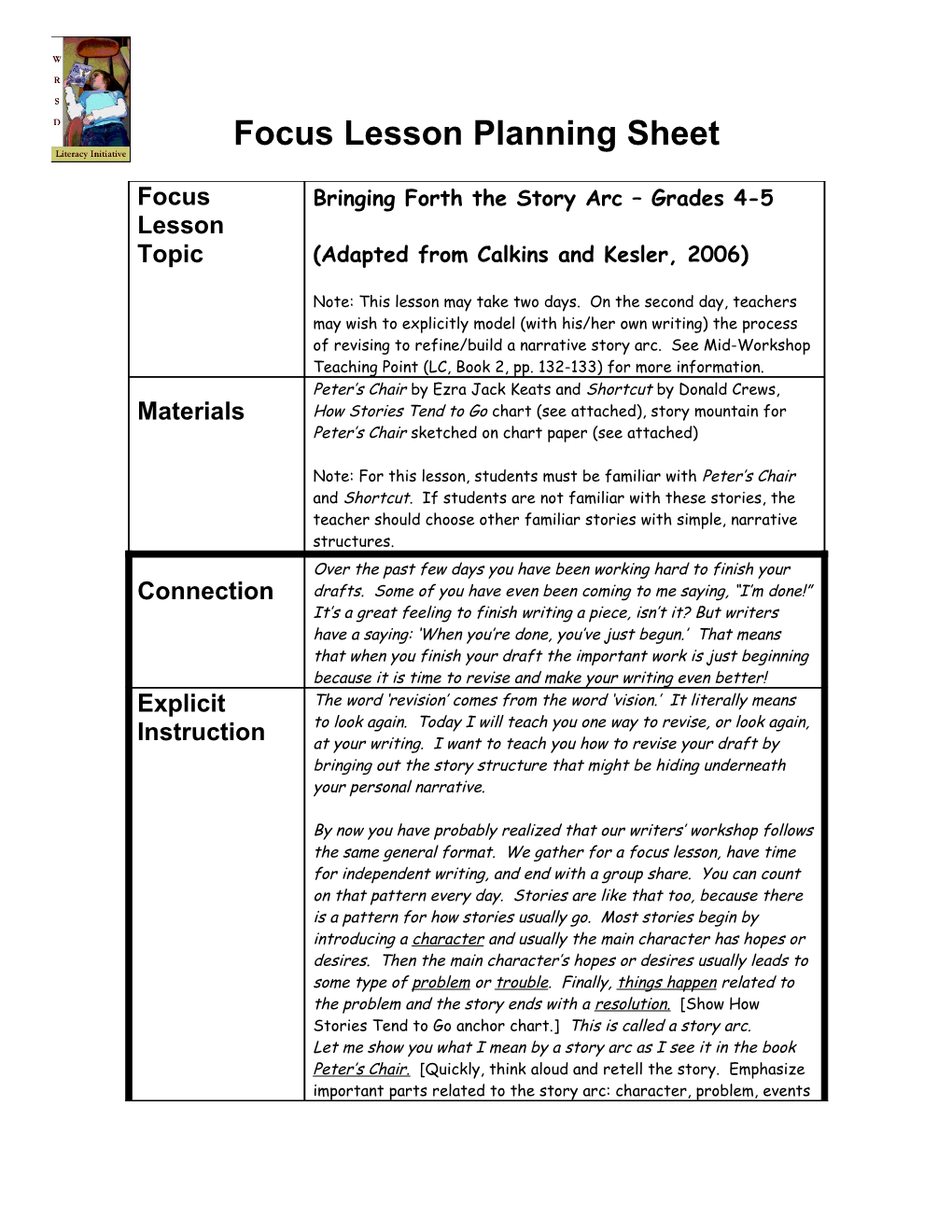 Focus Lesson Planning Sheet s1