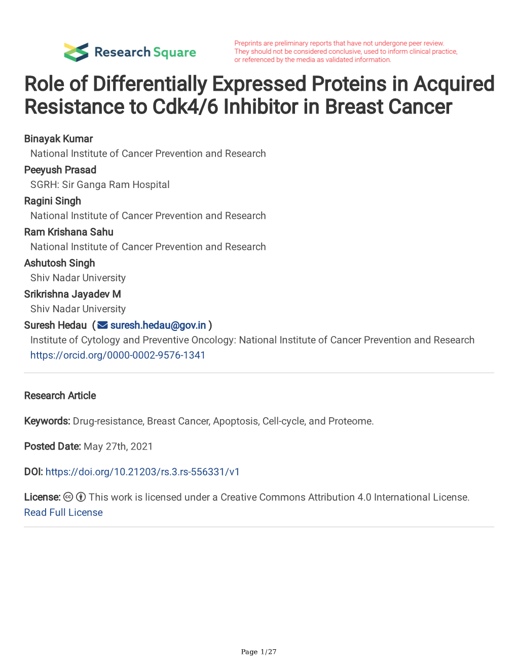 Role of Differentially Expressed Proteins in Acquired Resistance to Cdk4/6 Inhibitor in Breast Cancer