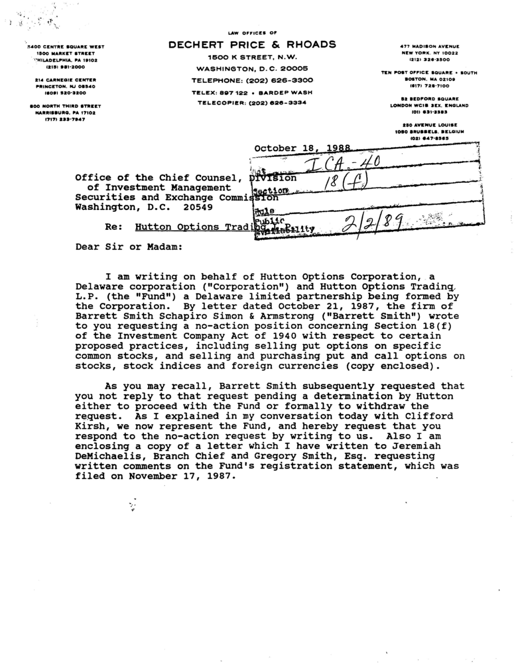 Hutton Option Trading Letter to Division of Investment Management Re: Senior Securities, October 18, 1988