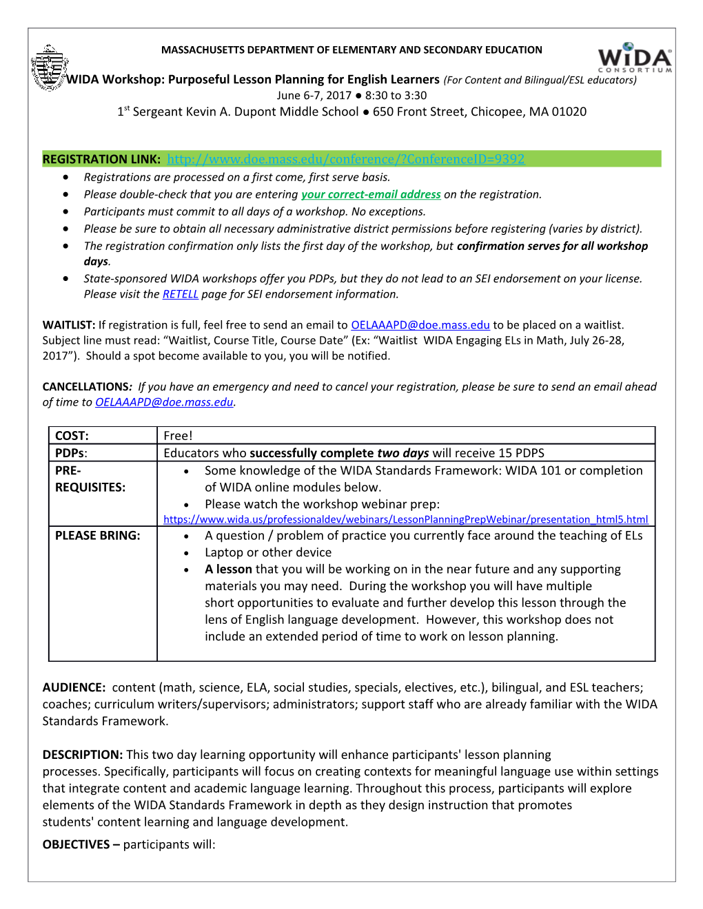 WIDA Lesson Planning June 6-7 In Chicopee