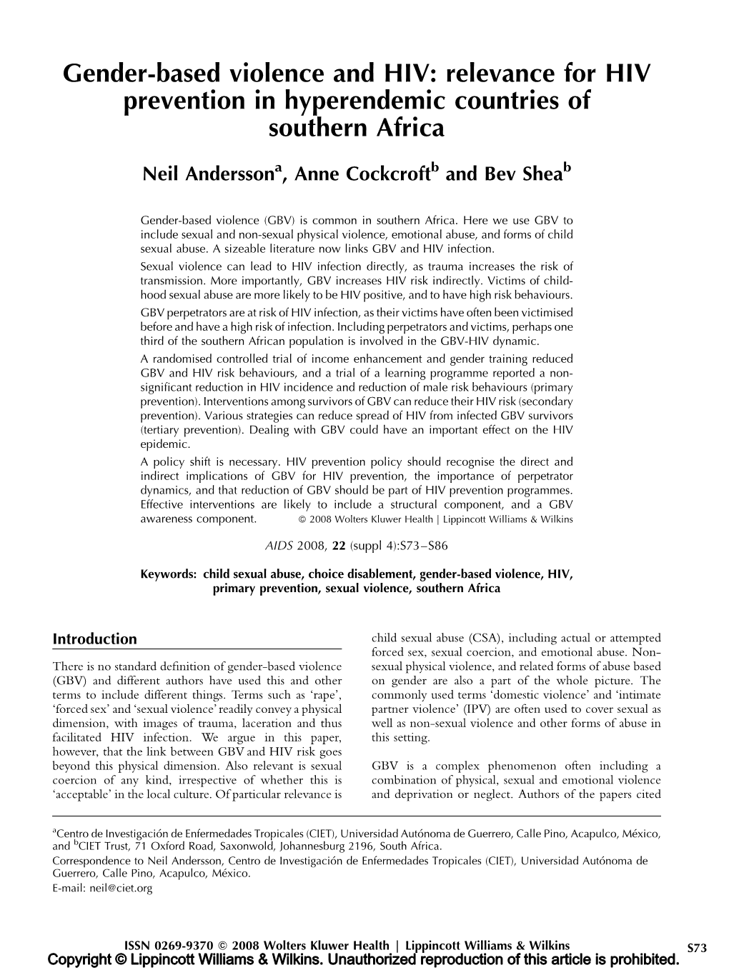 Gender-Based Violence and HIV: Relevance for HIV Prevention in Hyperendemic Countries of Southern Africa