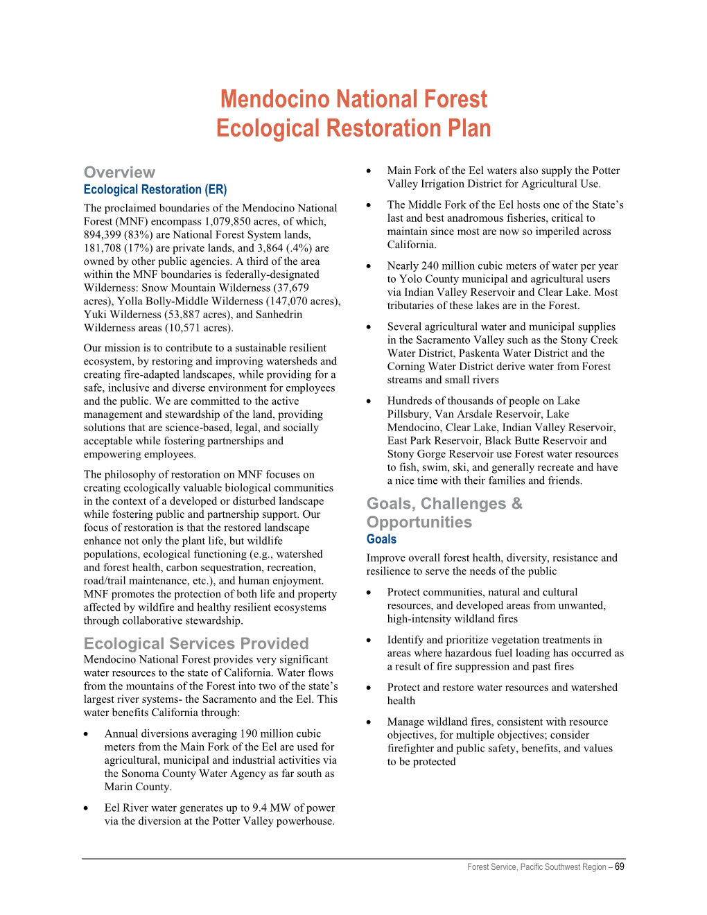 Mendocino National Forest Ecological Restoration Plan