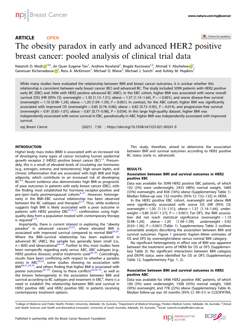 The Obesity Paradox in Early and Advanced HER2 Positive Breast Cancer: Pooled Analysis of Clinical Trial Data ✉ Natansh D