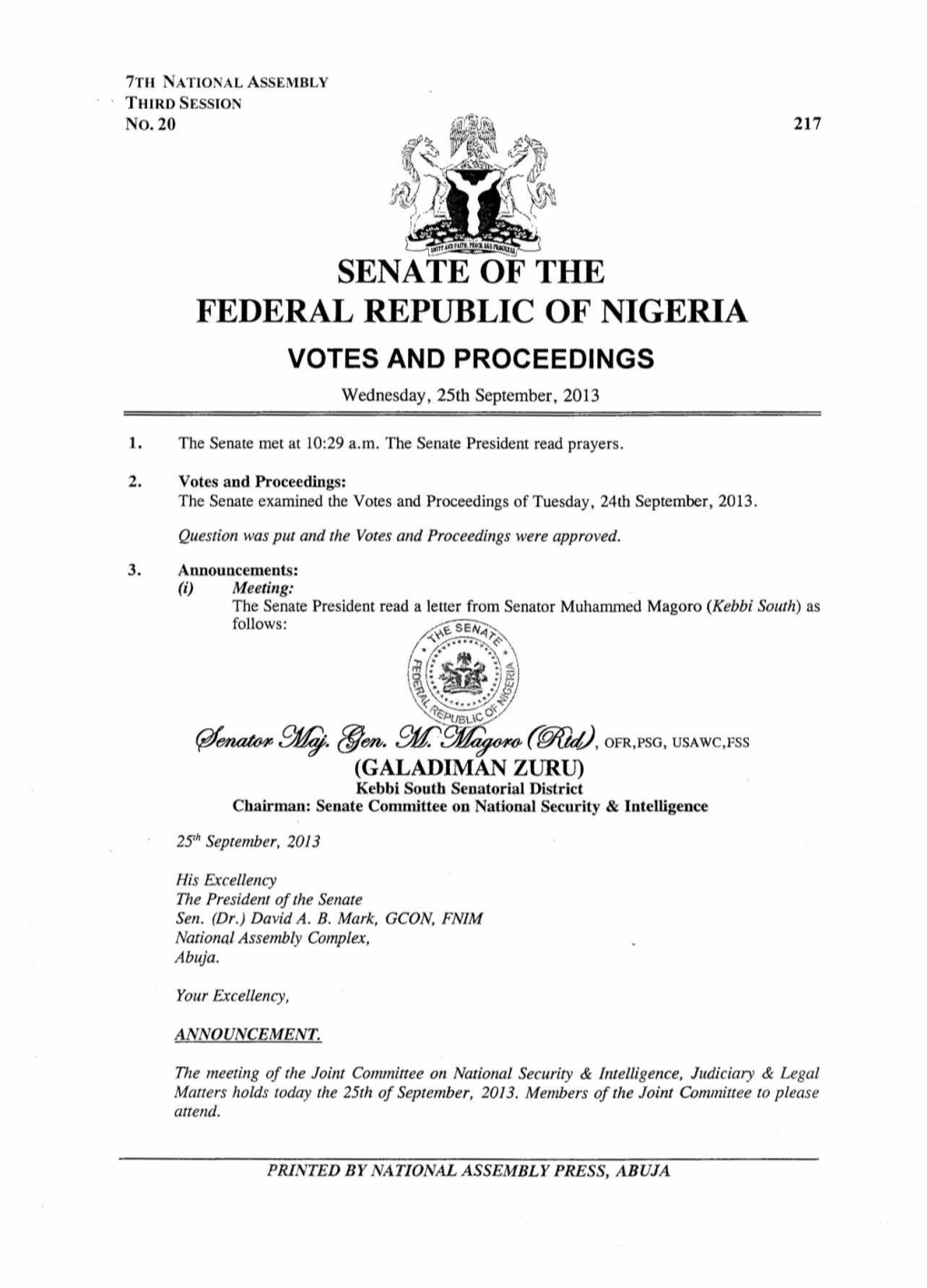 SENATE of the FEDERAL REPUBLIC of NIGERIA VOTES and PROCEEDINGS Wednesday, 25Th September, 2013