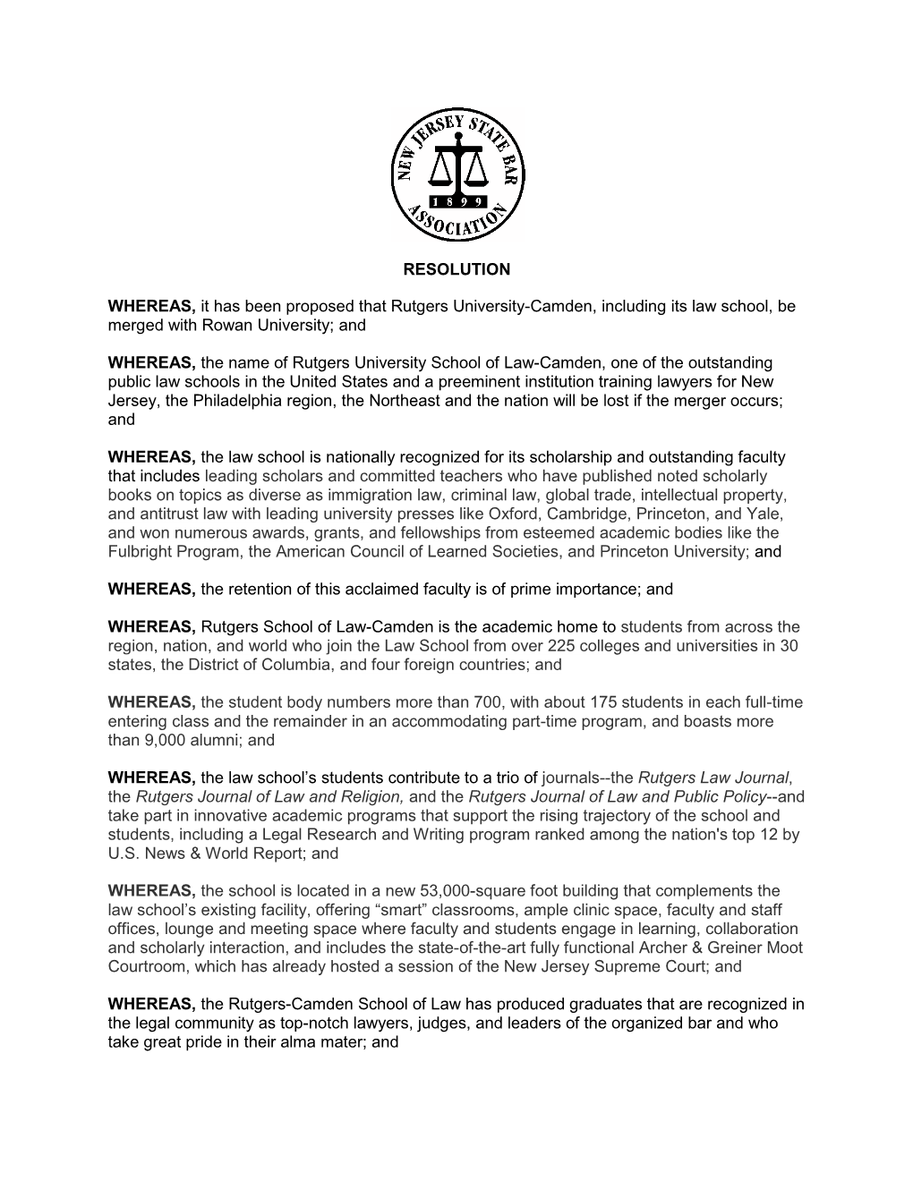 NJSBA Resolution on Rutgers University School Of