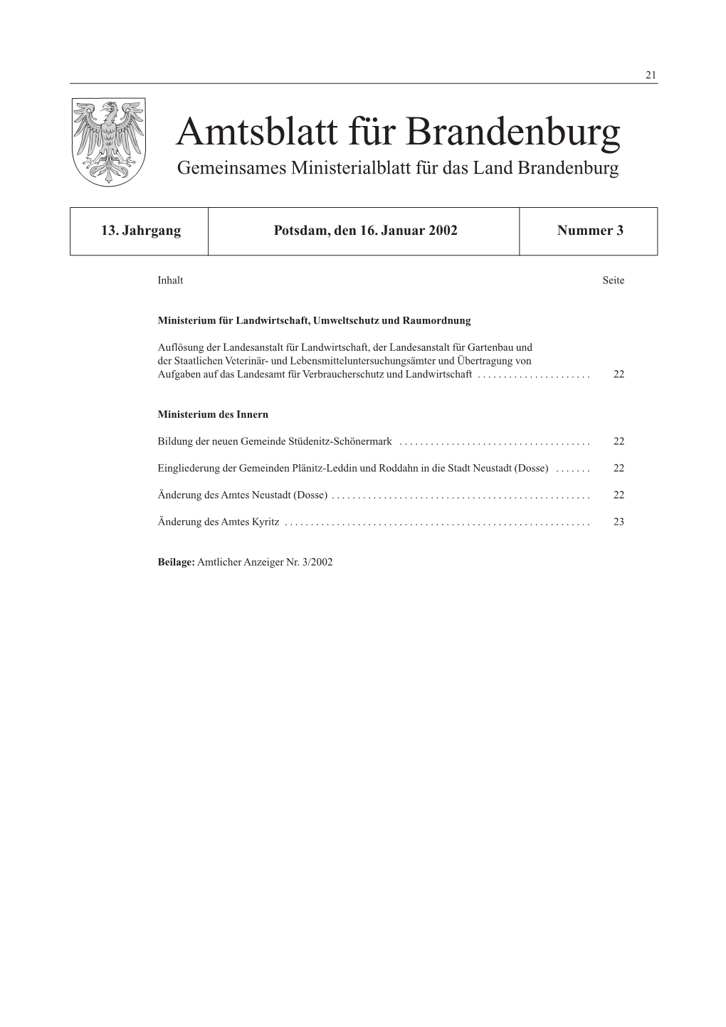 Amtsblatt Für Brandenburg, 2002, Nummer 03