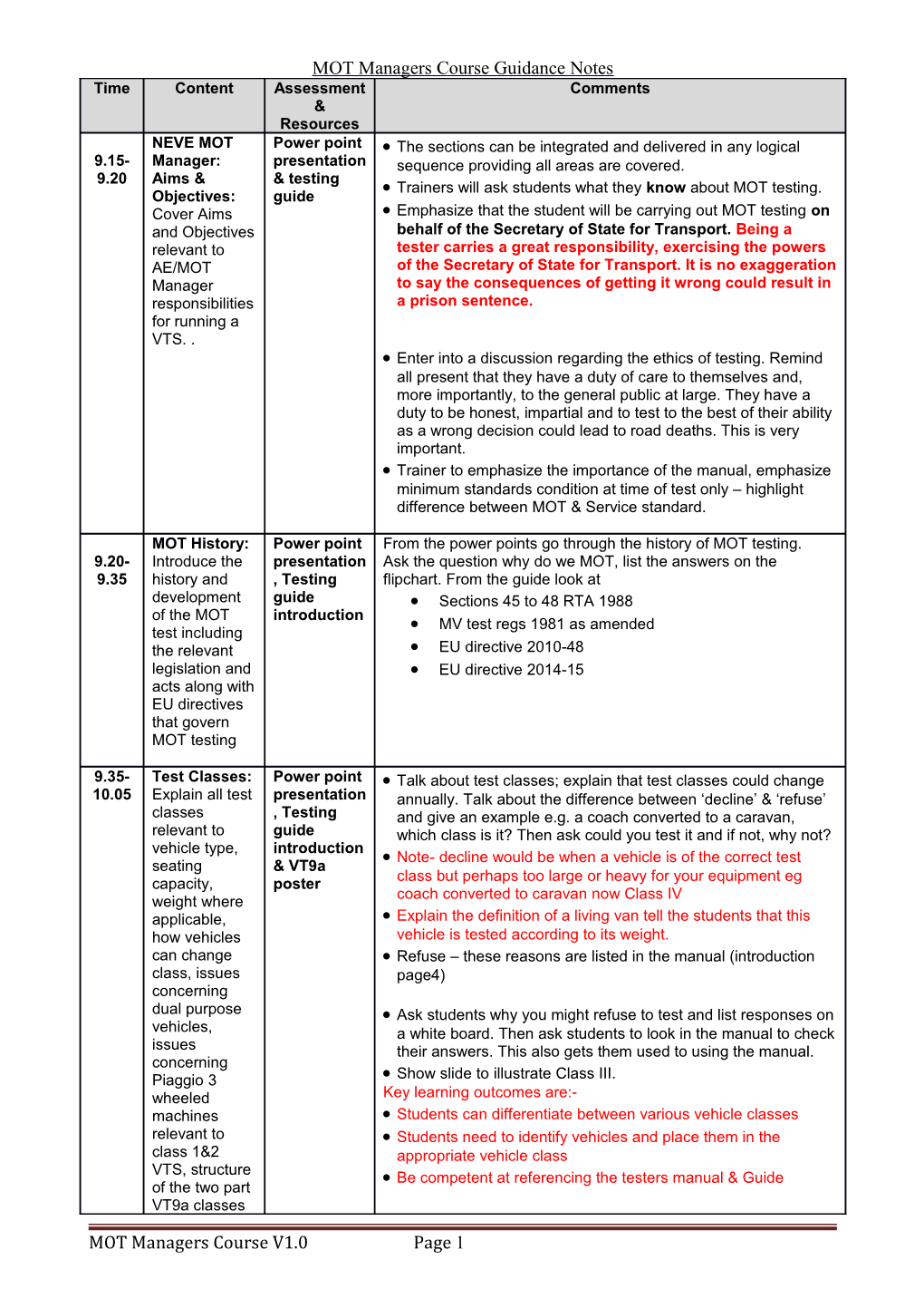 MOT Managers Course Guidance Notes