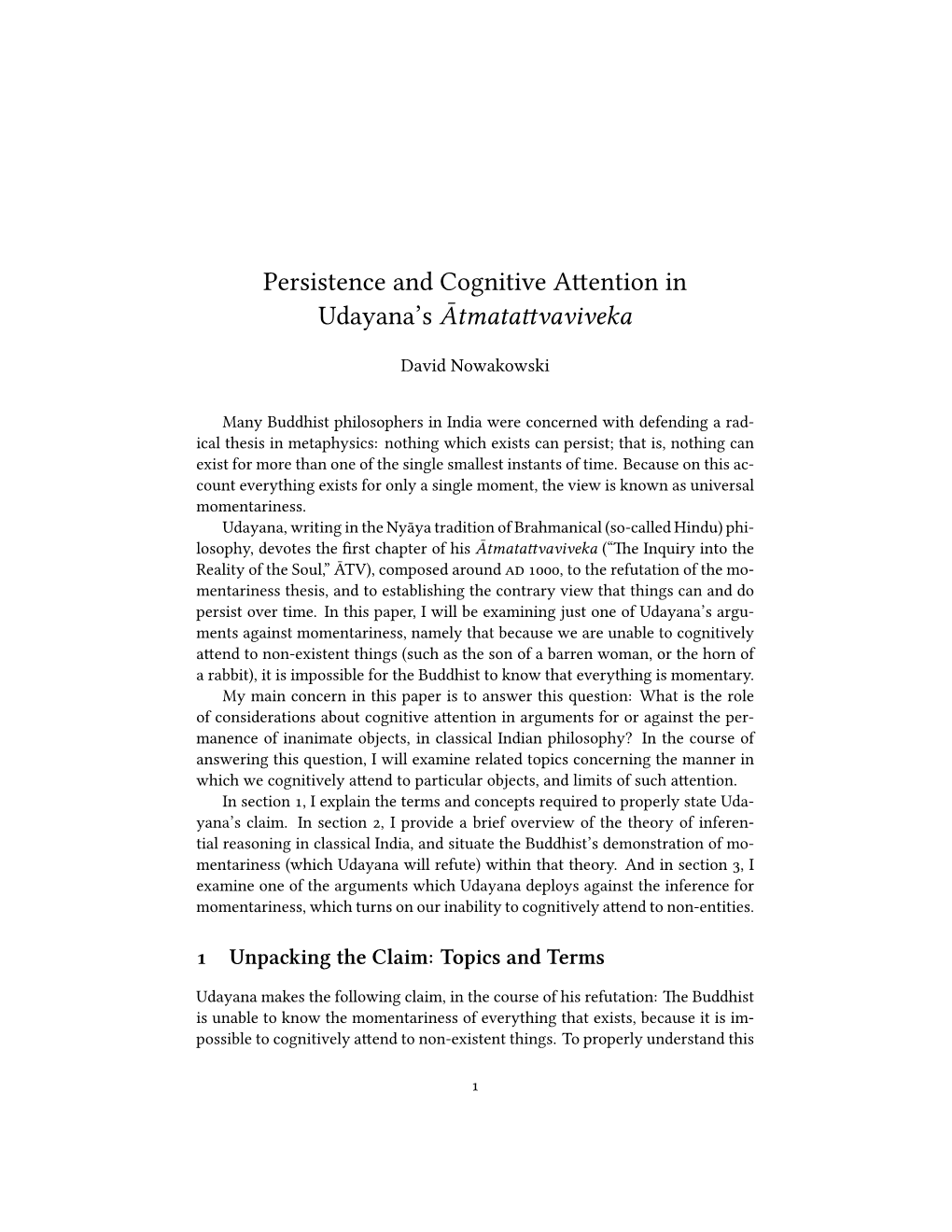 Persistence and Cognitive a Ention in Udayana's Ātmata Vaviveka