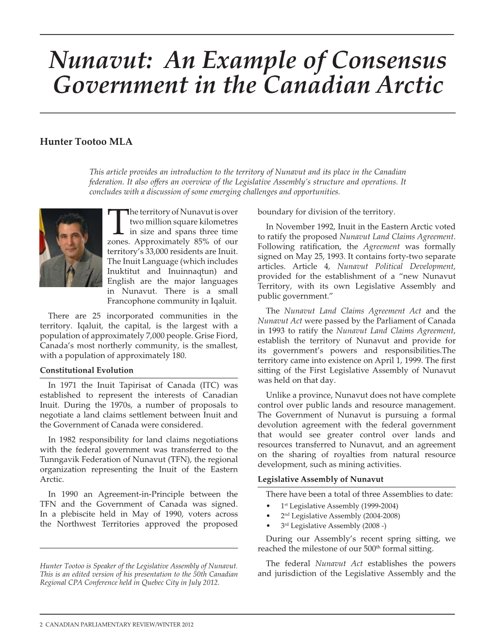 Nunavut: an Example of Consensus Government in the Canadian Arctic