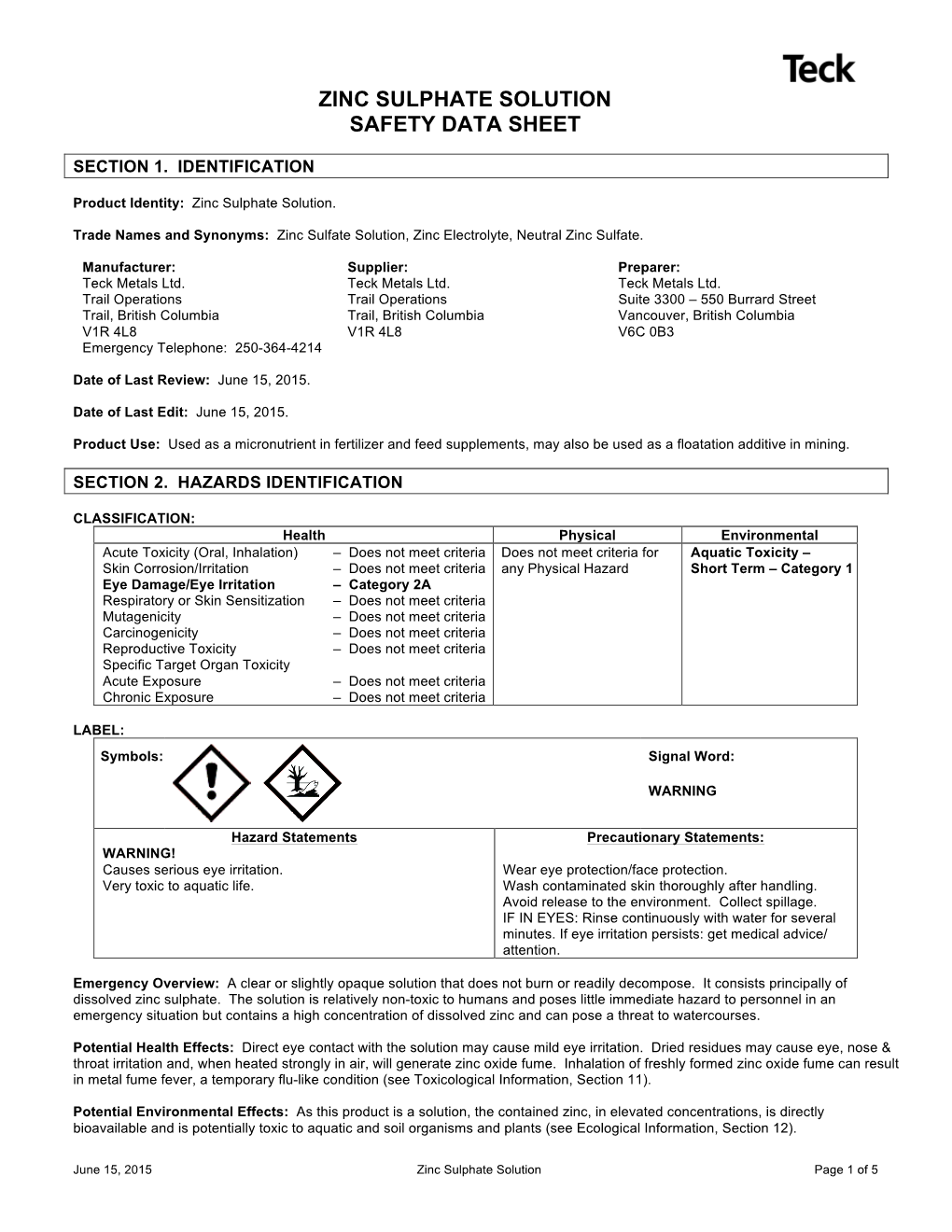 Zinc Sulphate Solution Safety Data Sheet