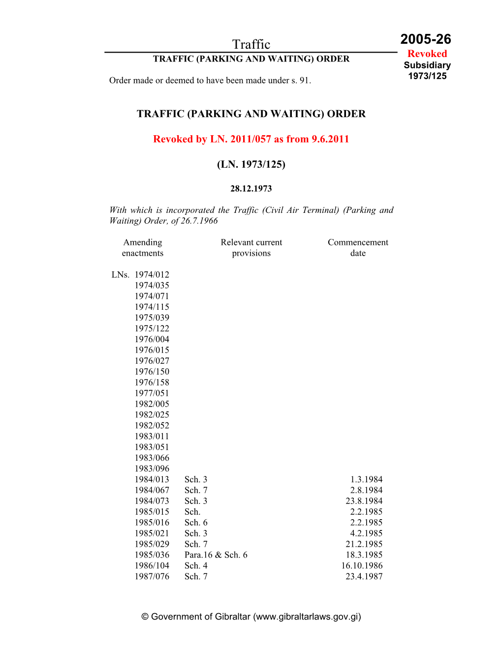 Traffic 2005-26 TRAFFIC (PARKING and WAITING) ORDER Revoked Subsidiary Order Made Or Deemed to Have Been Made Under S