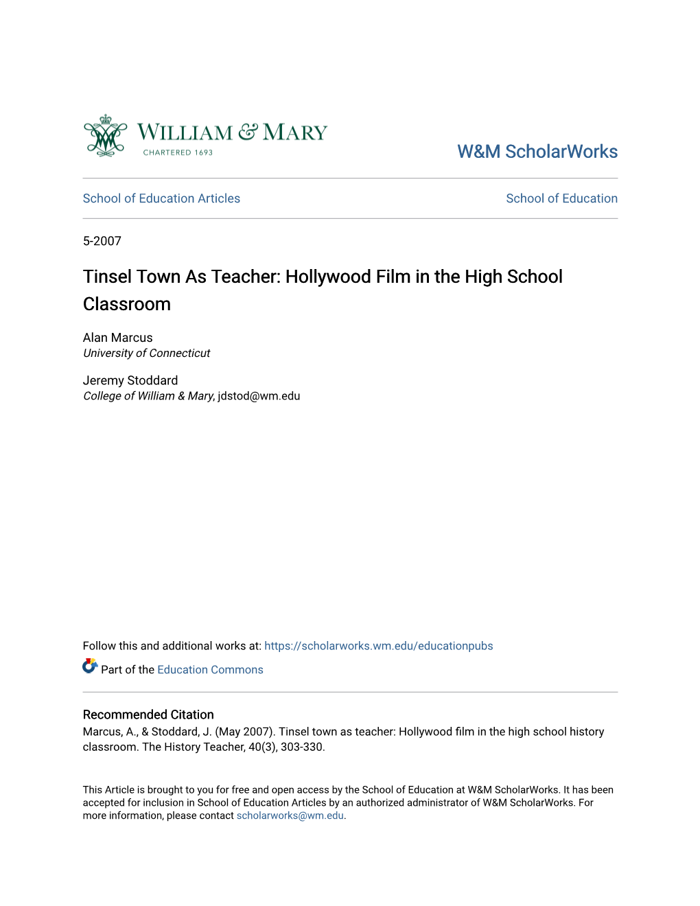 Tinsel Town As Teacher: Hollywood Film in the High School Classroom