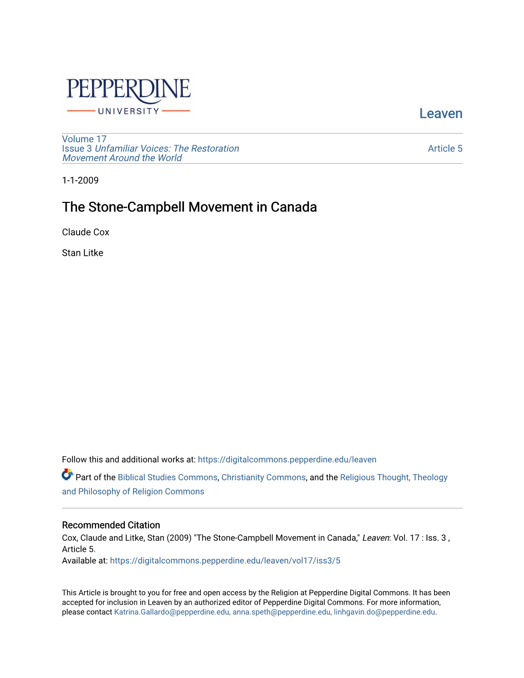 The Stone-Campbell Movement in Canada