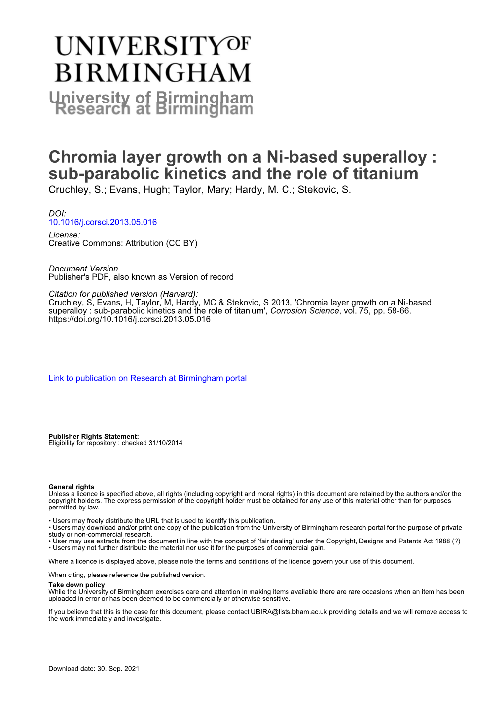 Chromia Layer Growth on a Ni-Based Superalloy: Sub-Parabolic Kinetics and the Role of Titanium ⇑ S