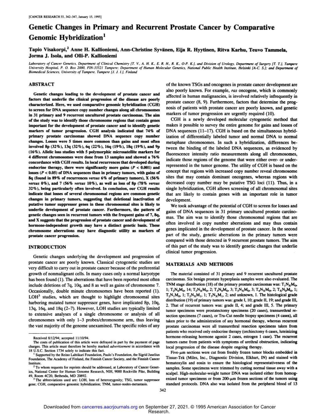 Genetic Changes in Primary and Recurrent Prostate Cancer by Comparative Genomic Hybridization'