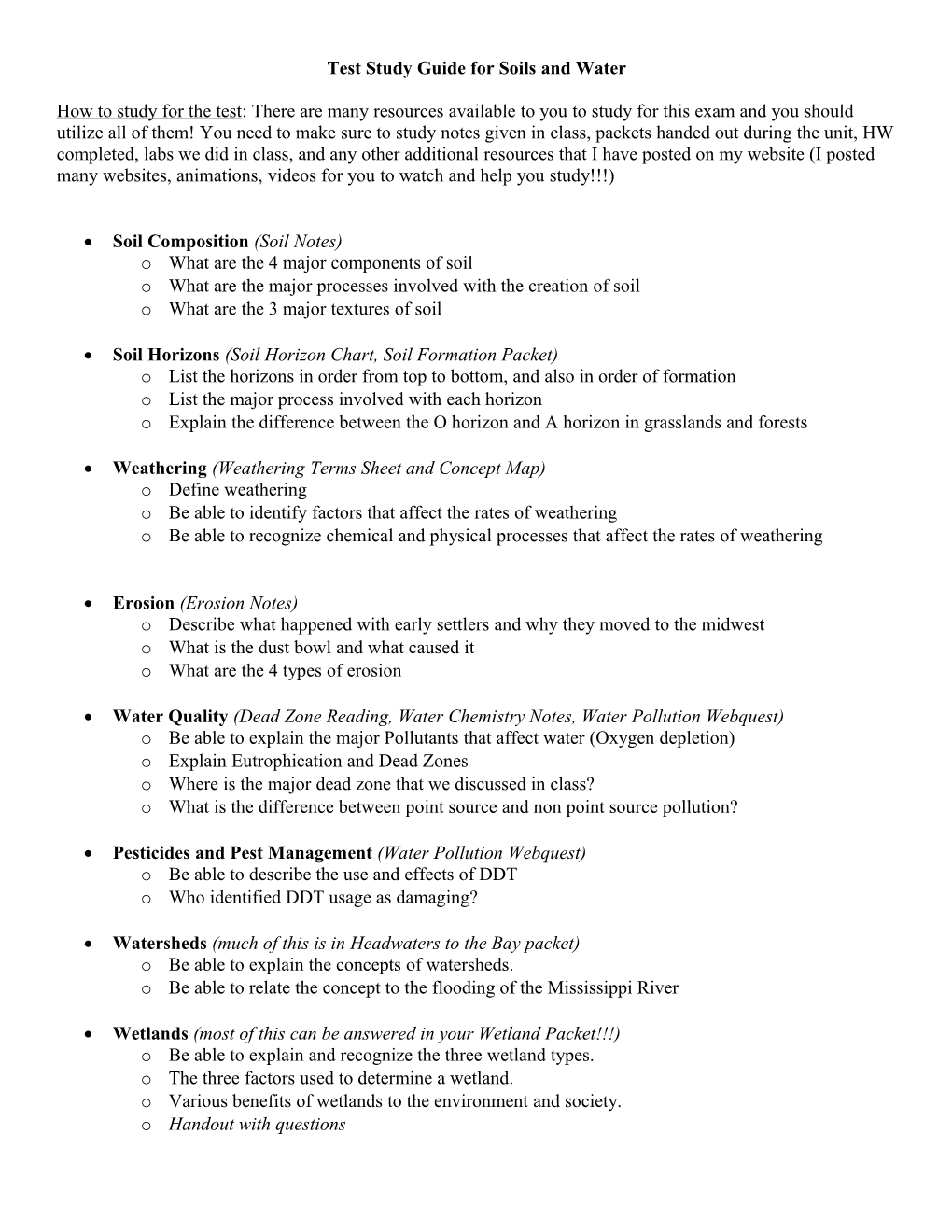 Test Objectives for Soil Nutrients/Pesticides and Water Qualities/Pollution