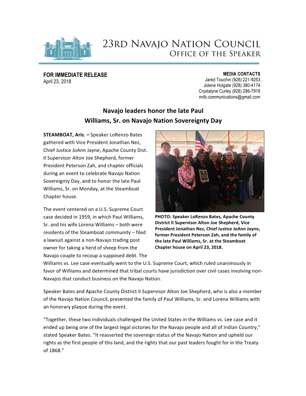 Navajo Leaders Honor the Late Paul Williams, Sr. on Navajo Nation Sovereignty Day