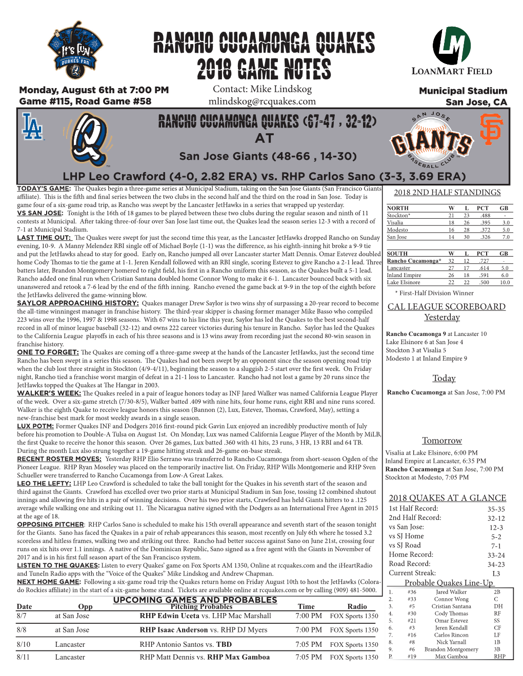 Rancho Cucamonga Quakes 2018 Game Notes