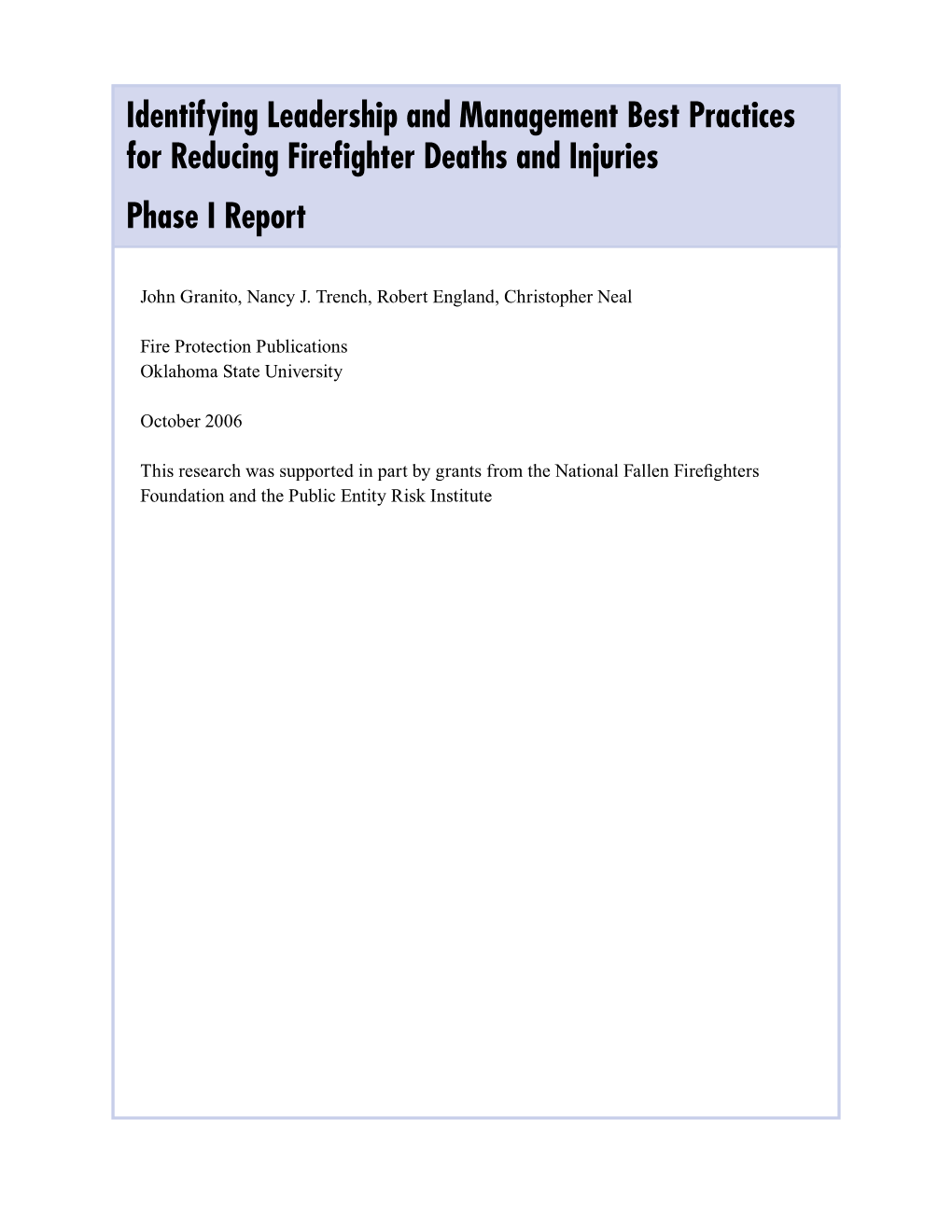 Identifying Leadership and Management Best Practices for Reducing Firefighter Deaths and Injuries Phase I Report