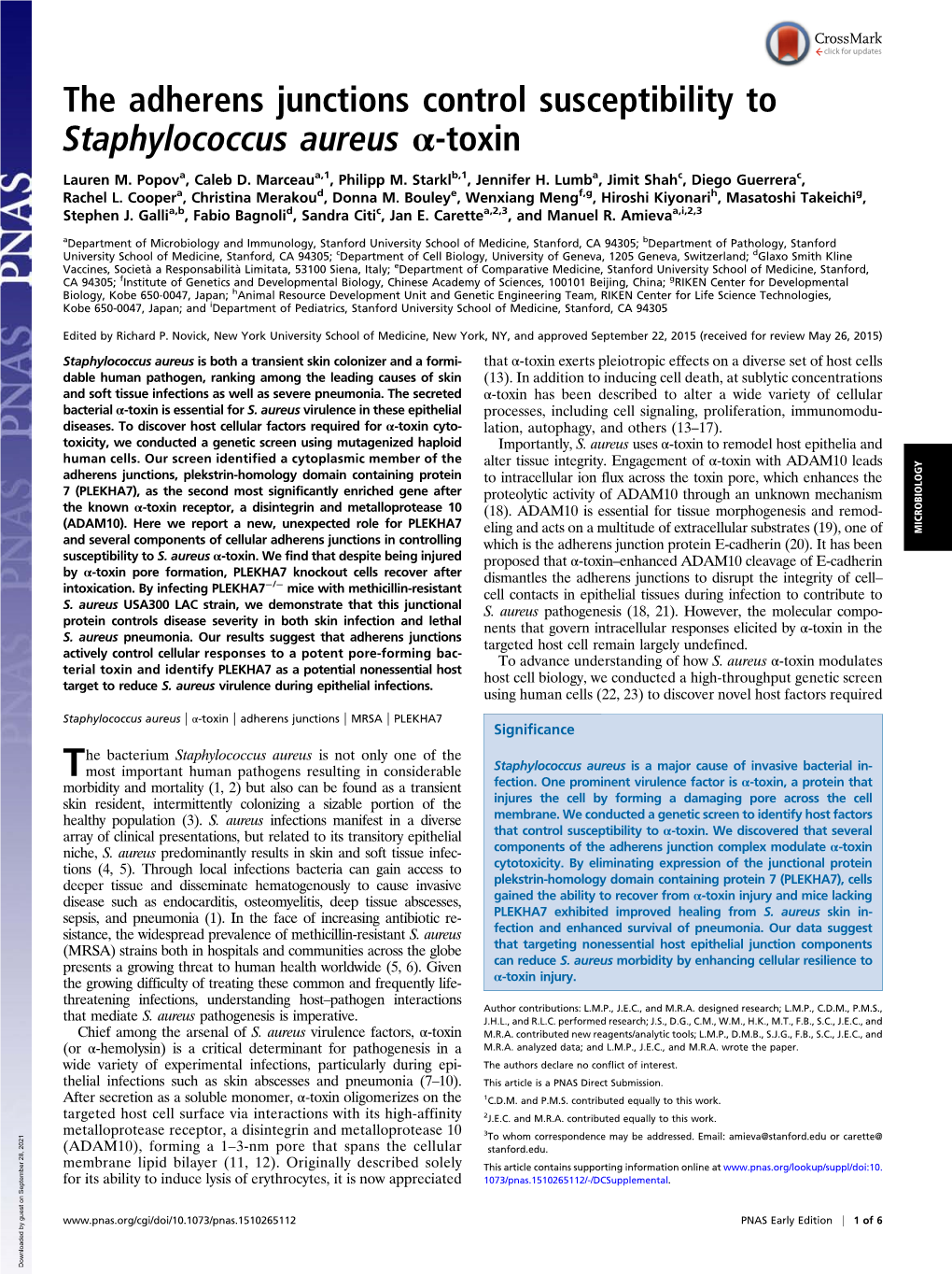 The Adherens Junctions Control Susceptibility to Staphylococcus Aureus Α-Toxin