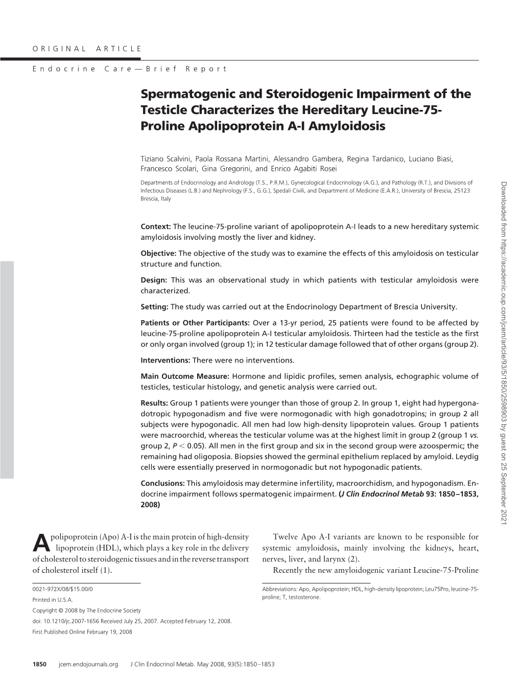 Spermatogenic and Steroidogenic Impairment of the Testicle Characterizes the Hereditary Leucine-75- Proline Apolipoprotein A-I Amyloidosis