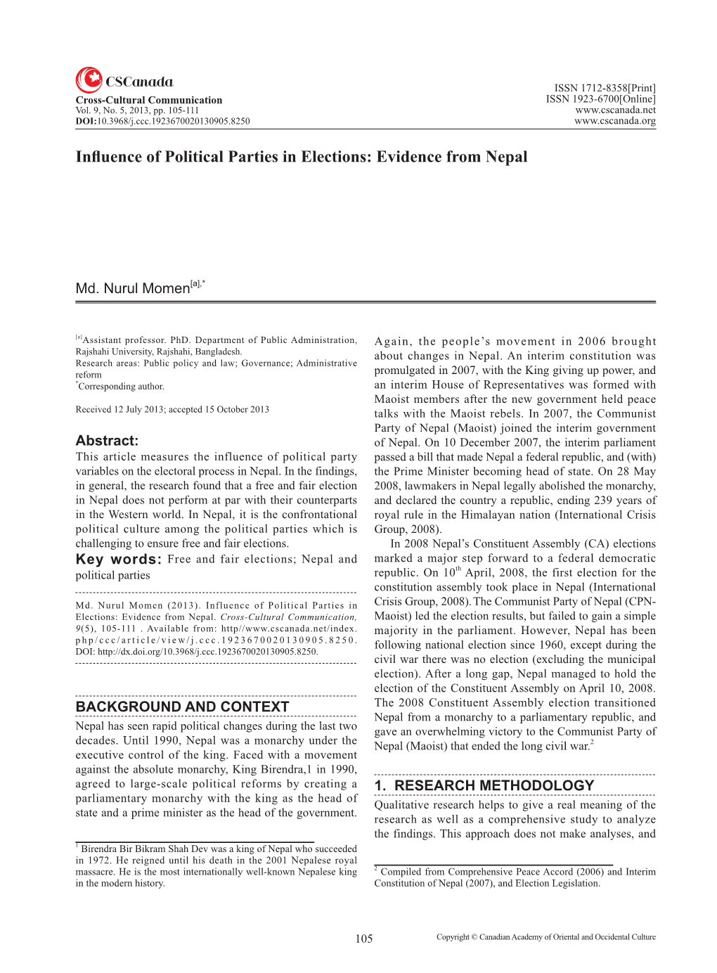 Influence of Political Parties in Elections: Evidence from Nepal