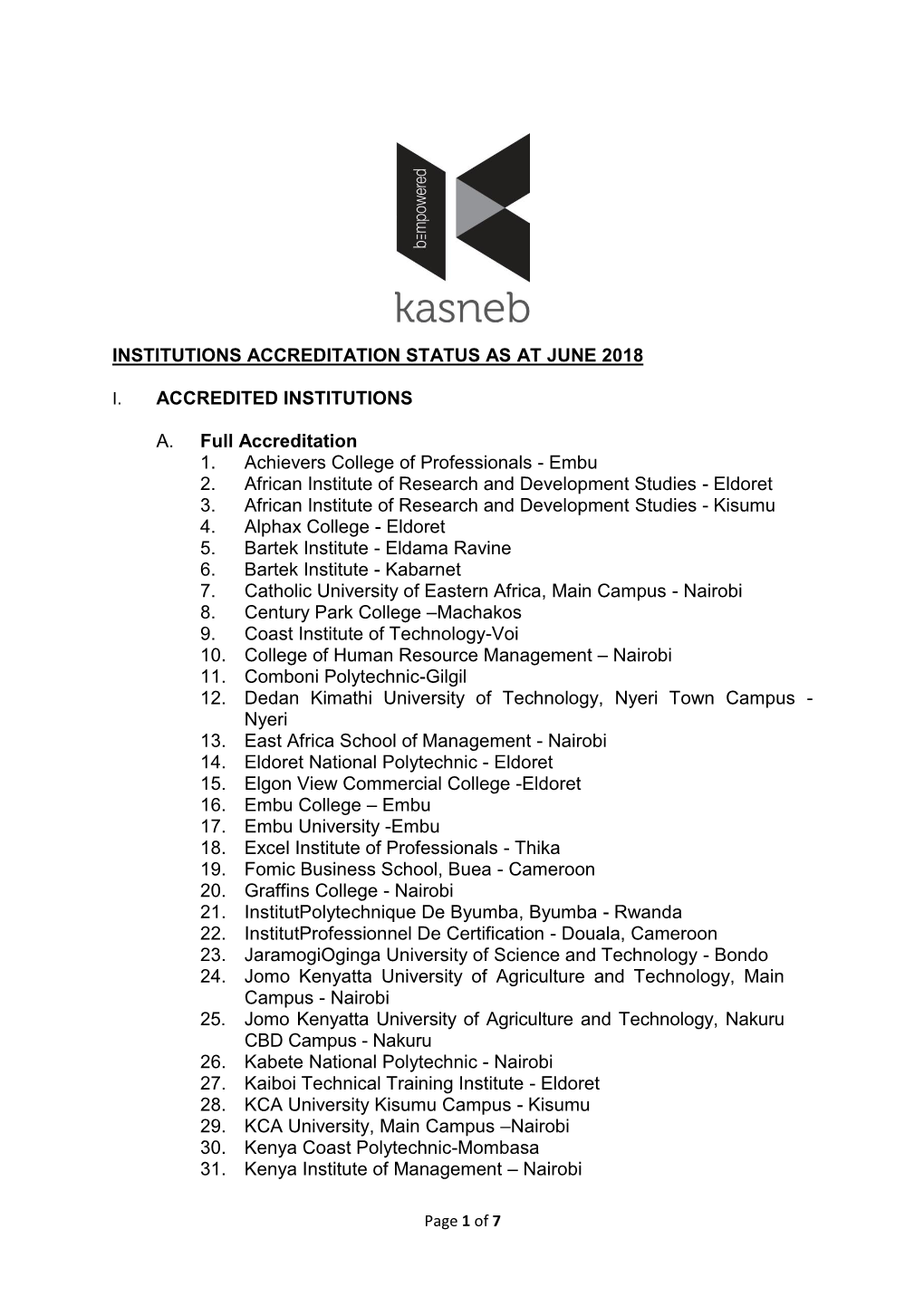 Institutions Accreditation Status As at June 2018