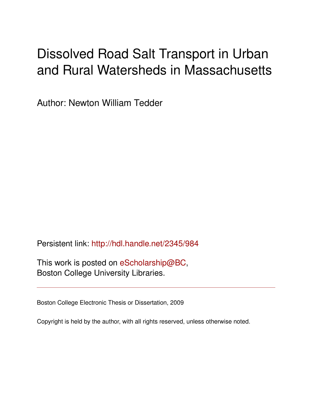 Dissolved Road Salt Transport in Urban and Rural Watersheds in Massachusetts