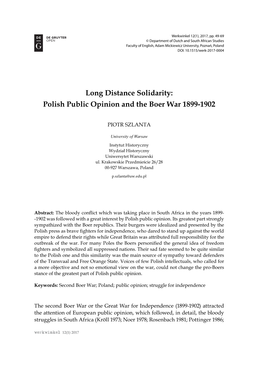 Polish Public Opinion and the Boer War 1899-1902