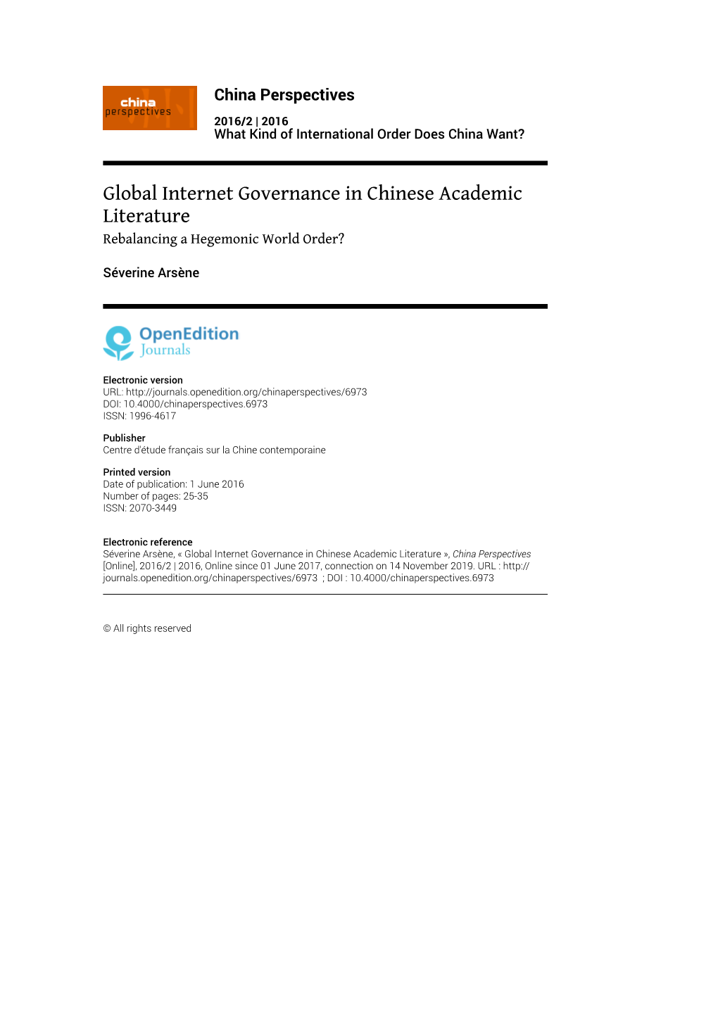 Global Internet Governance in Chinese Academic Literature Rebalancing a Hegemonic World Order?